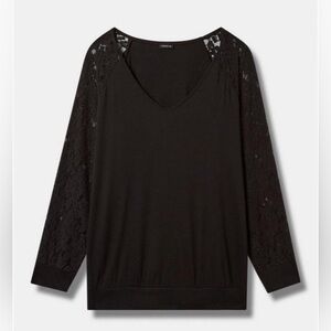 Deep Black Cotton Modal Rib V-Neck Lace Long Sleeve Top